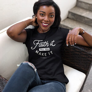 Lady in chair in Blk Faith It Tee