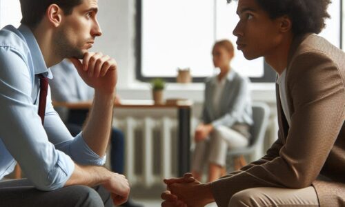 Two professionals engaged in a serious conversation in a bright office setting.