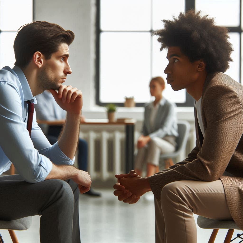 Two professionals engaged in a serious conversation in a bright office setting.